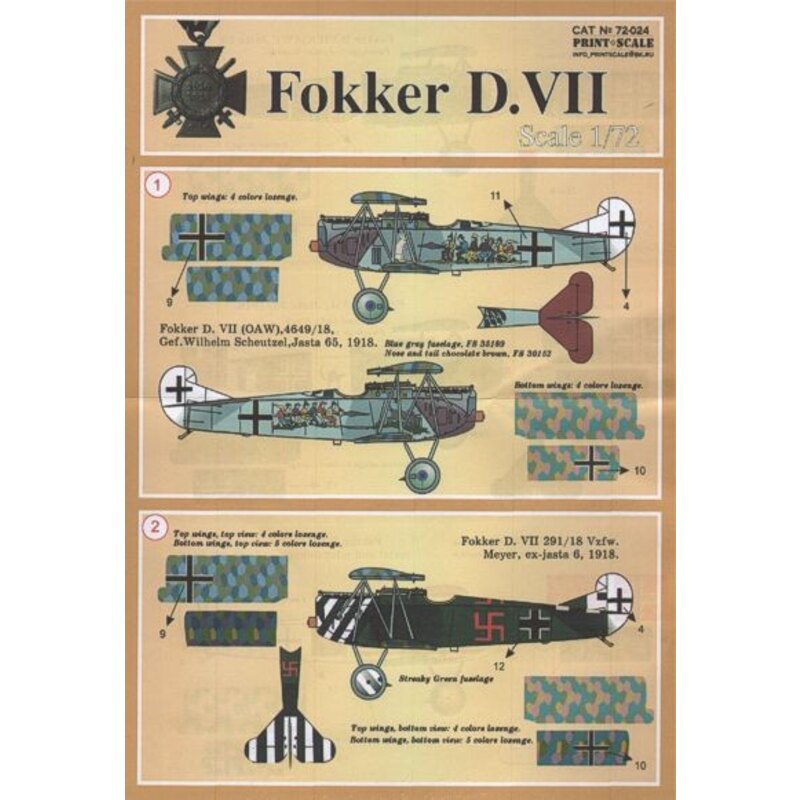 Décal Fokker D.VII Pt 1 (12) Jasta 65 avec group of igures on fuselage; Jasta 6 avec black.white stripes on nose et tail; Jasta 