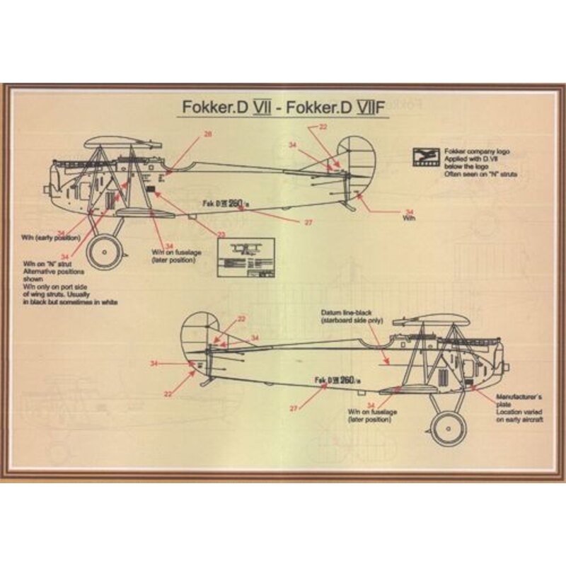 Décal Fokker D.VII Pt 1 (12) Jasta 65 avec group of igures on fuselage; Jasta 6 avec black.white stripes on nose et tail; Jasta 