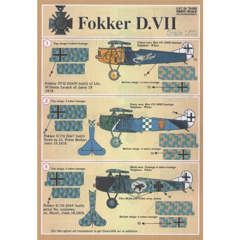 Décal Fokker D.VII Pt 2 (6) Jasta 19 Yellow nose; Jasta 18 blue fuselage avec blue/white check band; Jasta 13 Lozenge fuselage a