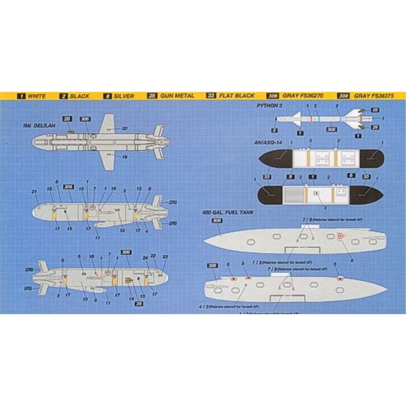 Israeli Defence Force/IDF set d'armement#2 Inclut Python-3 X 2pcs IMI Delilah X 2pcs AN/AXQ-14 X 1pc 600 Gallon réservoir d'esse