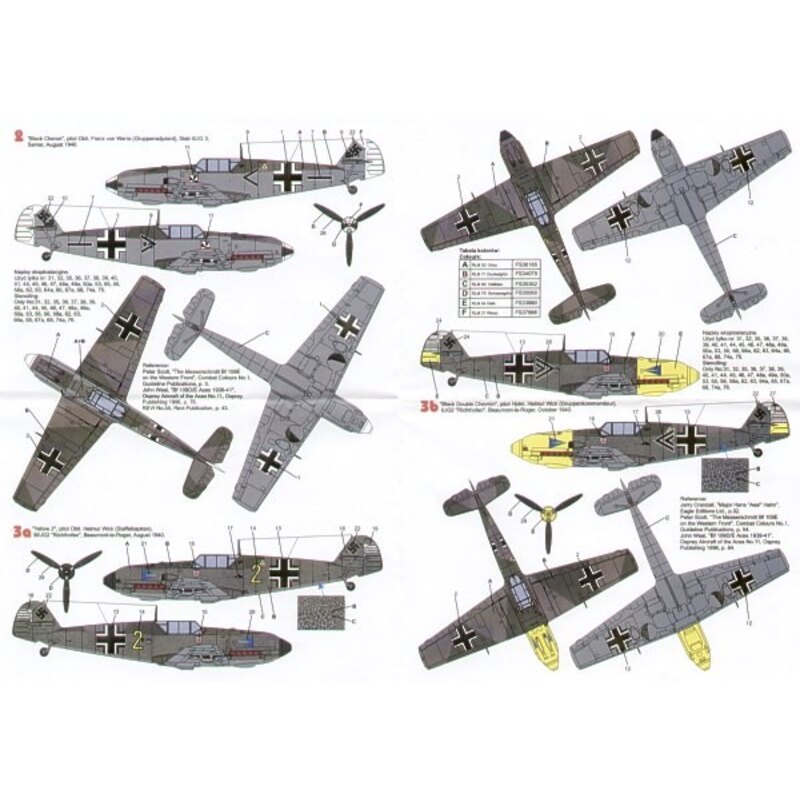 Décal Messerschmitt Bf 109E-4 (4) White 13 3/JG 51 Oblt Walter Oesau yellow nose 8/1940; Black &lt; Stab II/JG 3 Oblt Franz von 