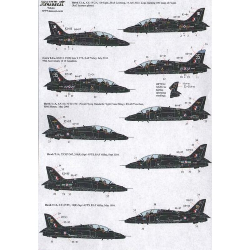 Décal BAe Hawks in Black (10) Hawk T.1A and Hawk T.2. XX194/CO 100 Sqn RAF Leeming 2000; XX312 19 (R) Sqn 95th Anniversary with 