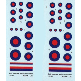  Décal RAF Post-war Red & Blue roundels, 2 sets diameter: 12, 18, 24, 30, 36, 48˝, 8˝ and 18˝ fin flash stripes