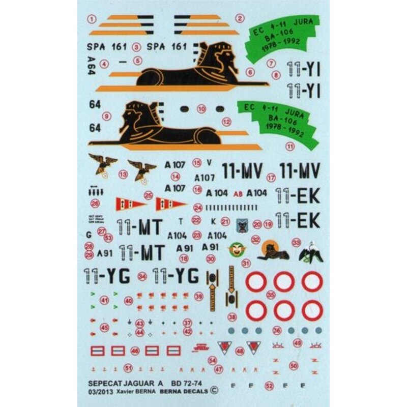 Décal Sepecat Jaguar A: 11 EK-11-MT with 14 bombing mission markings, MV-11 with four bombing mission markings and one with a Ma