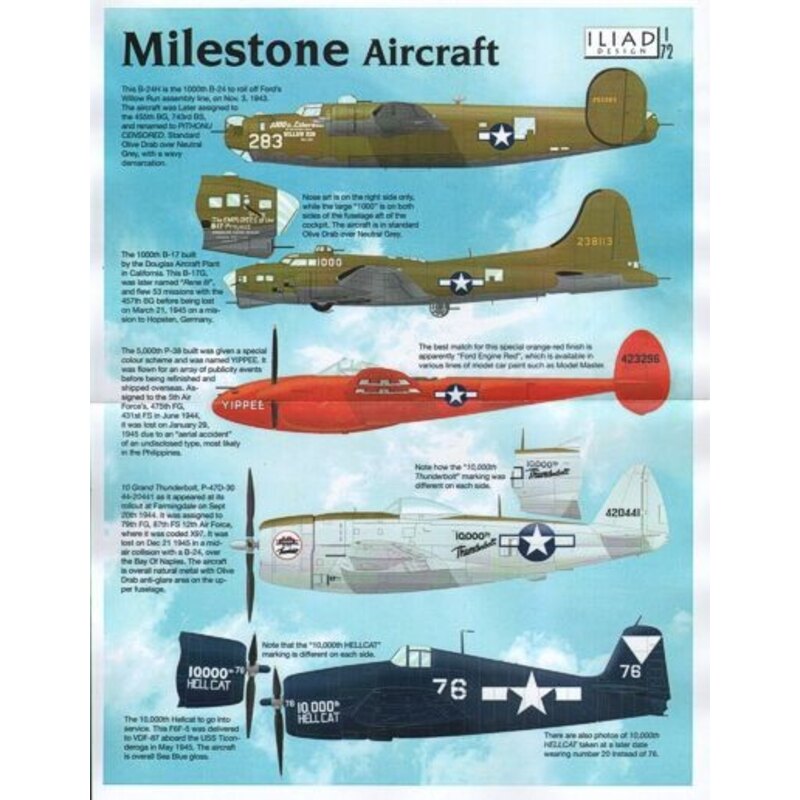 Décal Milestone Aircraft. 1,000th Consolidated B-24H Liberator, 1,000th Boeing B-17G Flying Fortress, 5,000th Lockheed P-38 Ligh