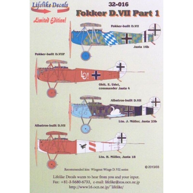 Décal Fokker D.VII part 1 (designed to be used with Wingnut Wings kits)