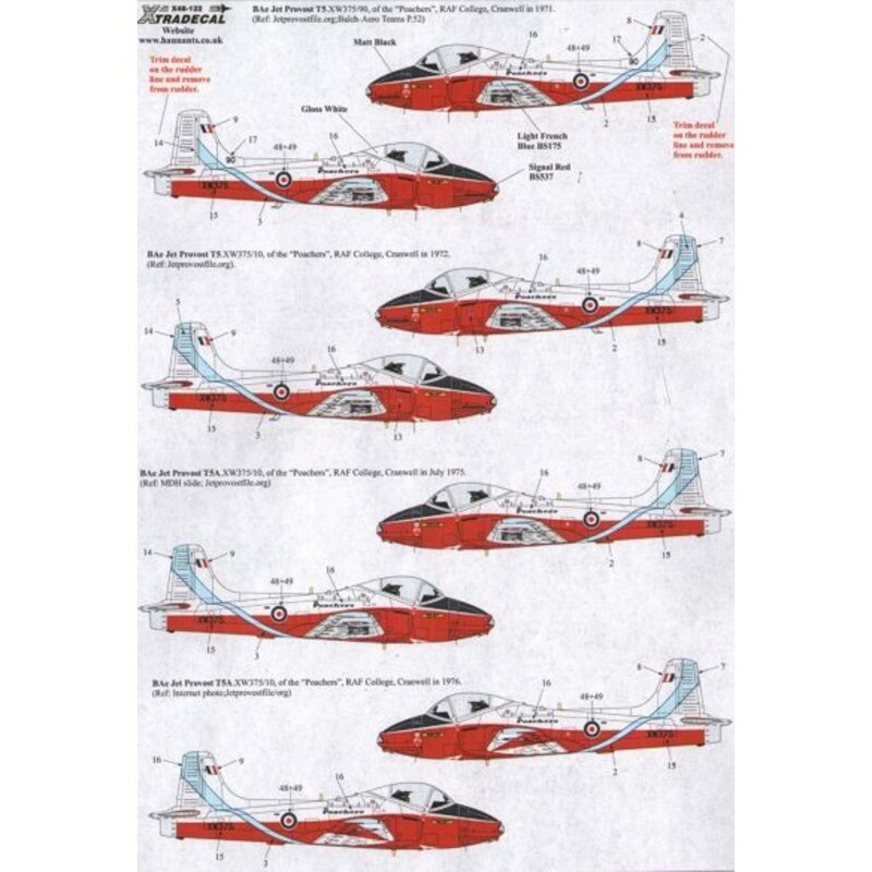 Décal BAe Jet Provost T.5 Pt 2 (8) XW375 in oven slightly different schemes with the Poachers Display Team at RAF College Cranwe