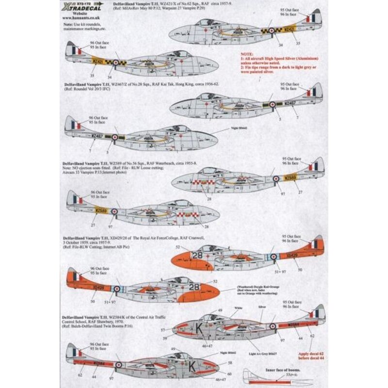 Décal de Havilland Vampire T.11 UK Part 1 (14) WZ421 / X 62 Sqn 1957 WZ467 / Z 28 Sqn RAF Kai Tak, Hong Kong 1956 WX589 56 Sqn R