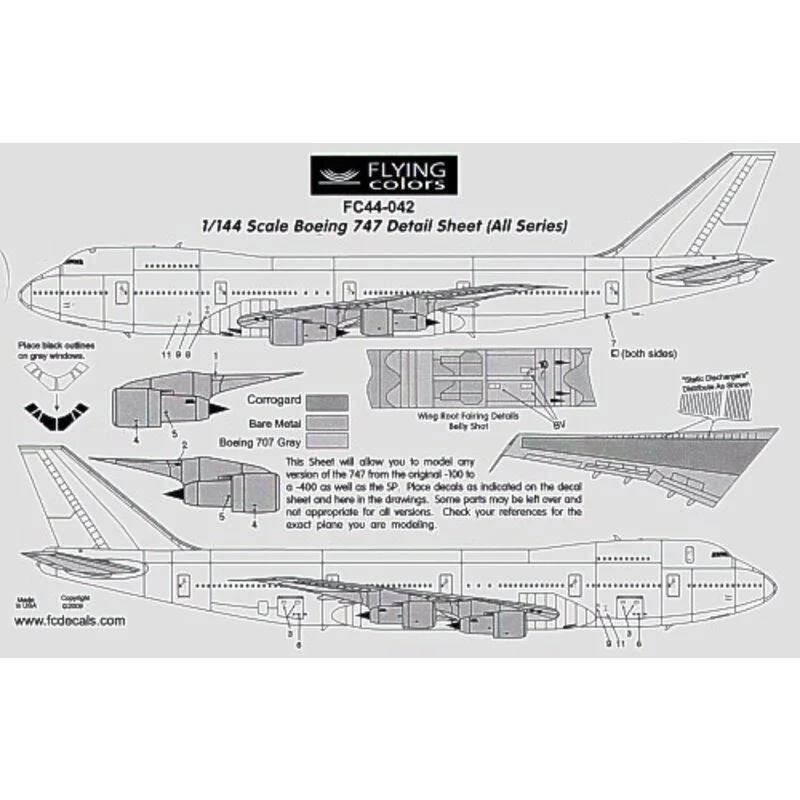 Décal Boeing 747 Detail sheet. Inc windows, windshield, doors, logos