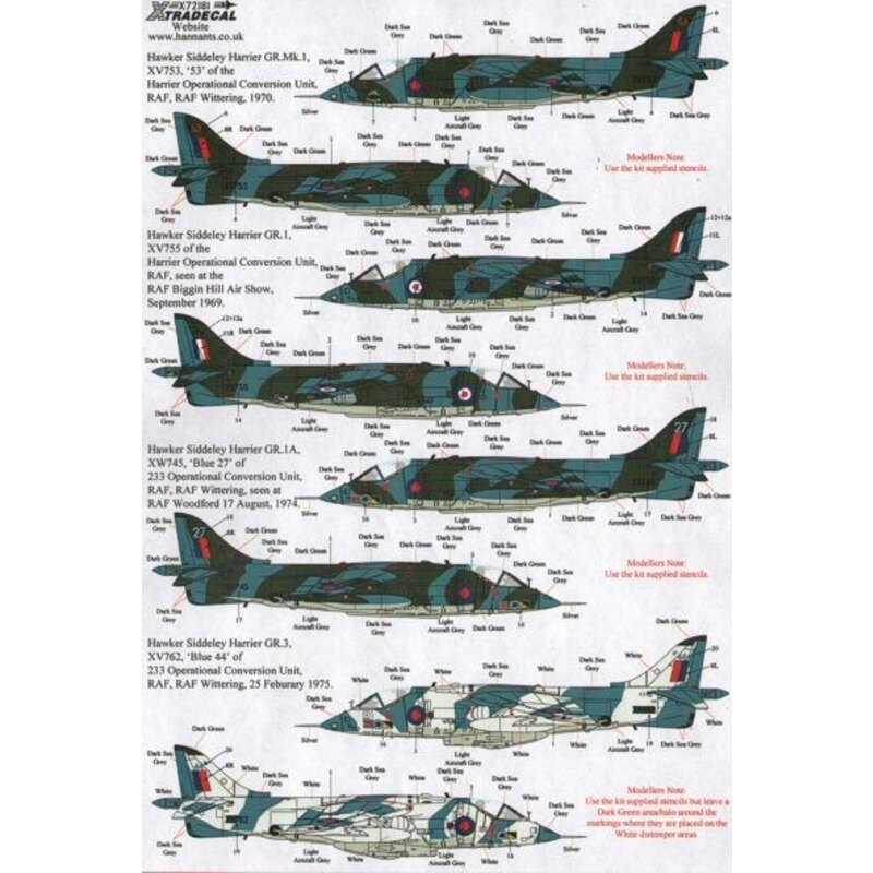 Décal BAe Harrier GR.1 (10) XV753/53 OCU Wittering 1970; XV75 OCU at Biggin Hill Air Show 1969; XW745/27 233 OCU Wittering 1974;