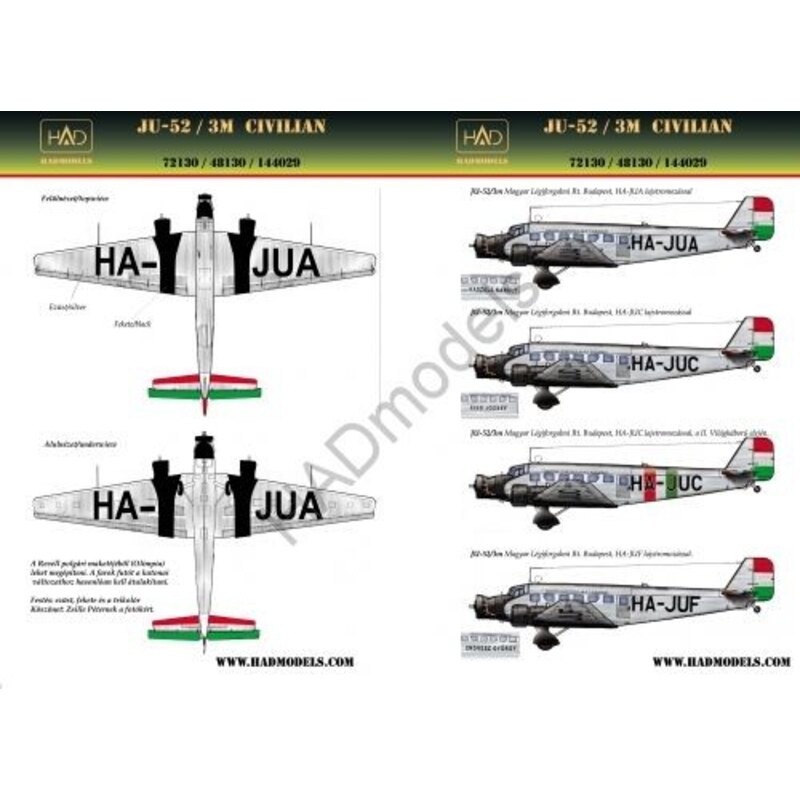 Décal Junkers Ju 52 civilian (HA- JUA , UCS - HA , HA- JUF )