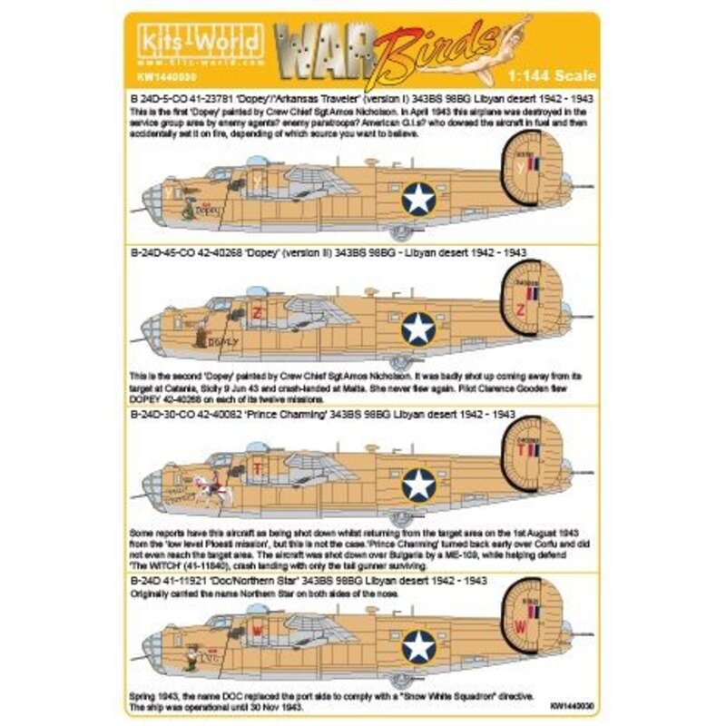 Décal Consolidated B -24D 343 BS 98 BG - CO 41-23781/42-40268 ' Dopey ' / ' Arkansas Traveller' - versions I - II