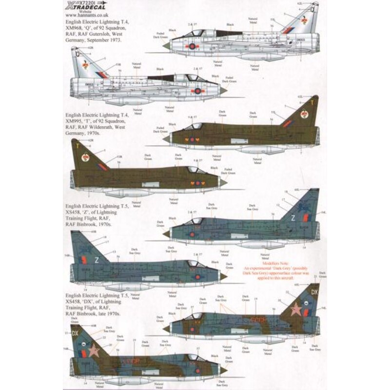 Décal EE / BAC Lightning T.4/T.5 Part 2 ( 11) Mk.T.4 XM992 / Z 111 Sqn RAF Wattisham 1960s - XM968 / Q 92 Sqn RAF Gutersloh 1973