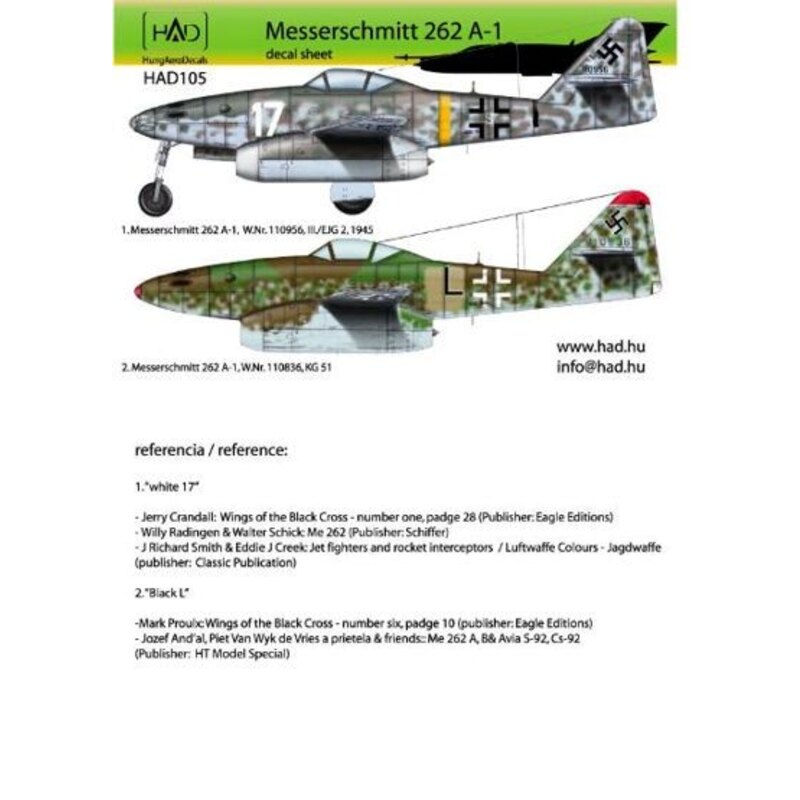 Décal Messerschmitt Me 262A -1 ( Luftwaffe black ' L', 17 white )