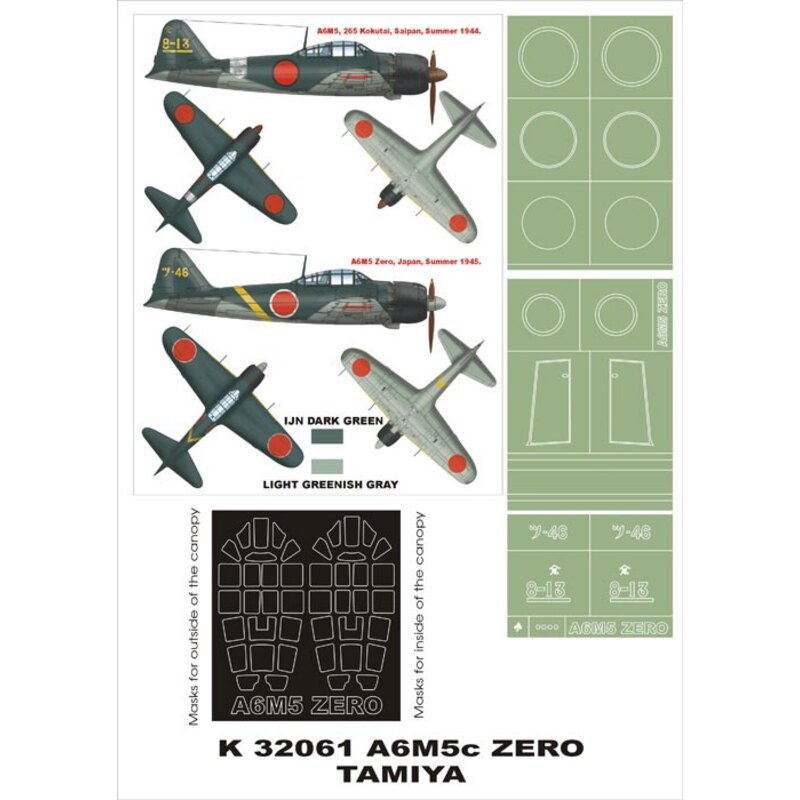 Mitsubishi A6M5 Zero type 52 Zeke 2 canopy mask (exterior and interior) + 3 insignia masks (designed to be used with Tamiya kits