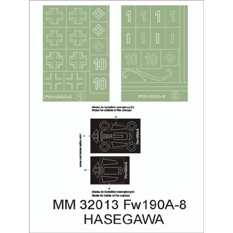 Focke-Wulf Fw 190A-8 2 canopy masks(exterior and interior) + 2 insignia masks (designed to be used with Hasegawa kits)