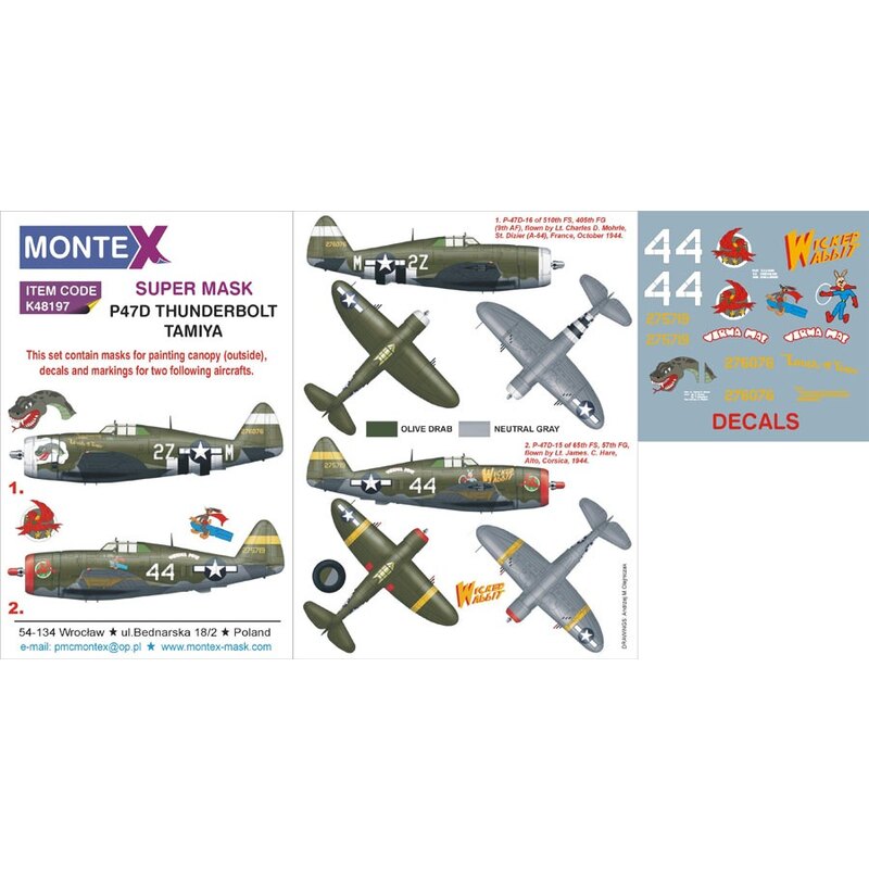 Republic P-47D Thunderbolt RAZORBACK 1 canopy mask (exterior) + 1 insignia masks + decals (designed to be used with TAMIYA kits)