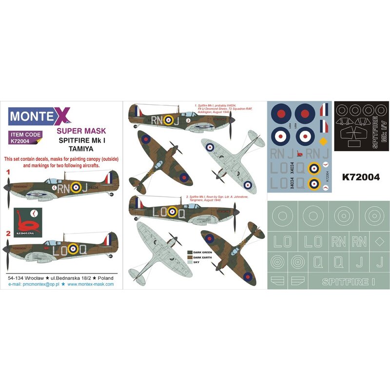 Supermarine Spitfire Mk.I 1 canopy mask (exterior) + 1 insignia masks + decals (designed to be used with TAMIYA kits)