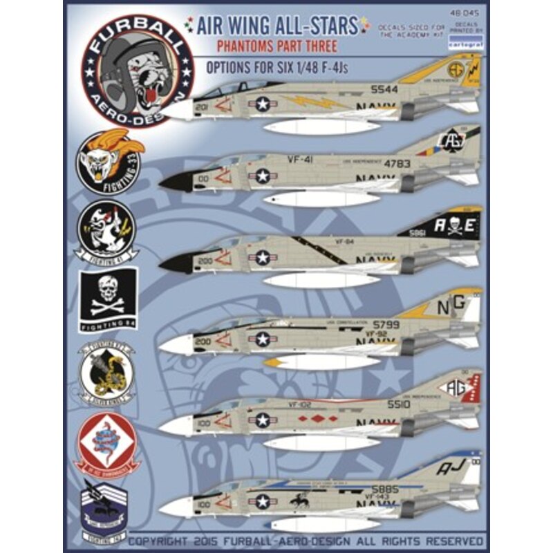 Décal Airwing All-Stars: McDonnell Phantoms Partie 3, a des options pour six avions 1/48 F-4J, tous peints à la jolie Gull gris 