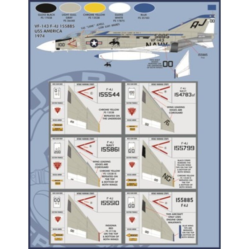 Décal Airwing All-Stars: McDonnell Phantoms Partie 3, a des options pour six avions 1/48 F-4J, tous peints à la jolie Gull gris 