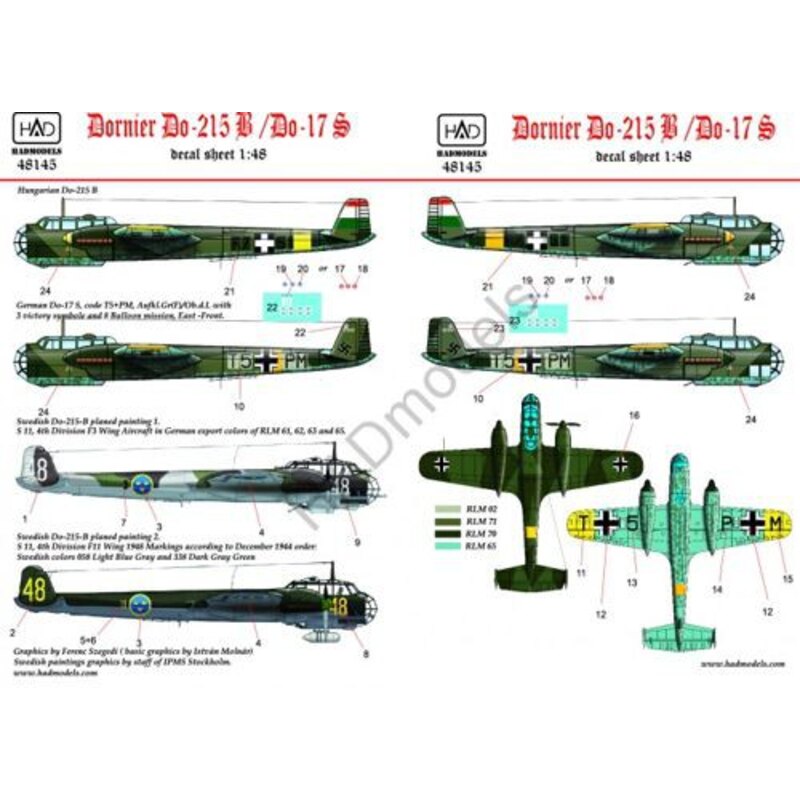 Décal Dornier Do 215B-4 / Do 17S (hongrois, suédois, allemand)