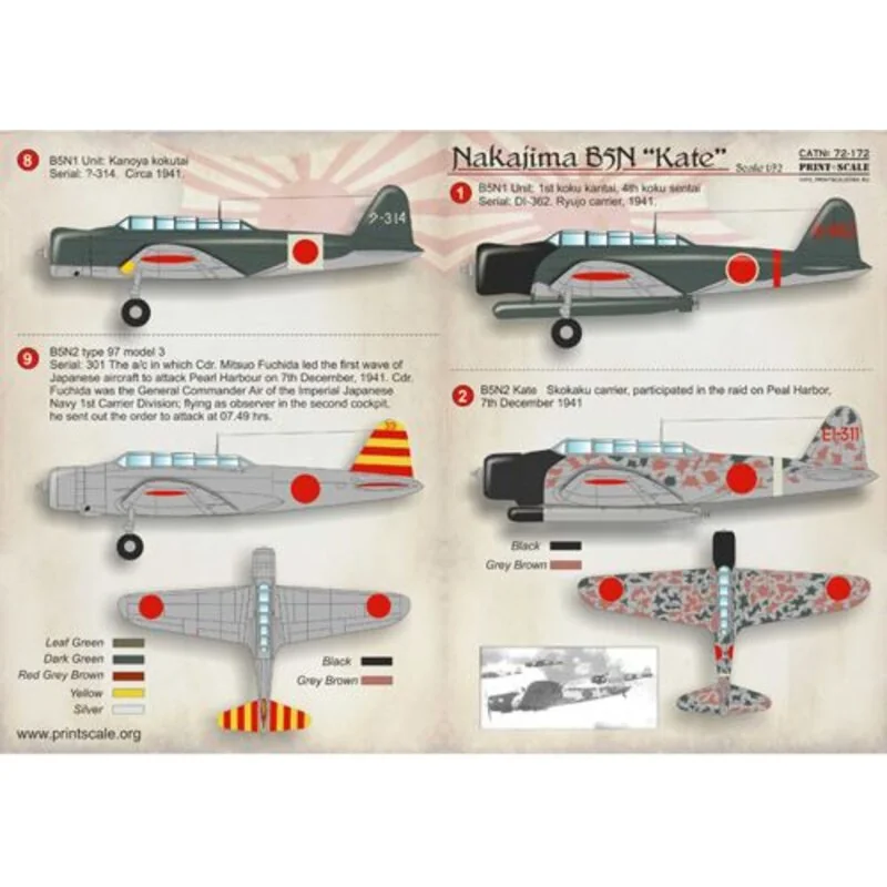 Décal Nakajima B5N Kate 1. B5N1 Unité: 1er koku kantai, 4e koku sentai série: DI-362. support Ryujo, 1941,2. transporteur B5N2 K