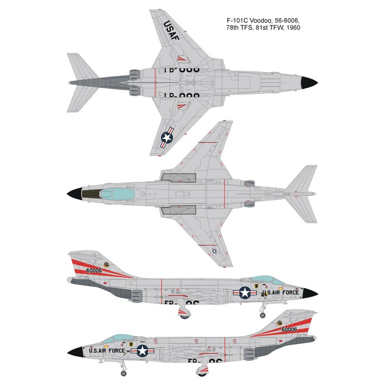 McDonnell F-101C Voodoo avec 2 options décalque: 1. 54-1491, 81stTFW, USAF2. 56-0006, 78e TFS, TFW 81e, kit USAFThe comprend tro