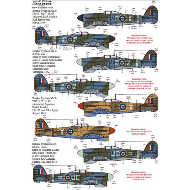 Décal Hawker Typhoon Mk.Ib porte de voiture (5) JR365 HE-P 263 Sqn RAF Harrowbeer 1944 - R7698 ZZ 609 Esc avert / Co Denis E.Gil