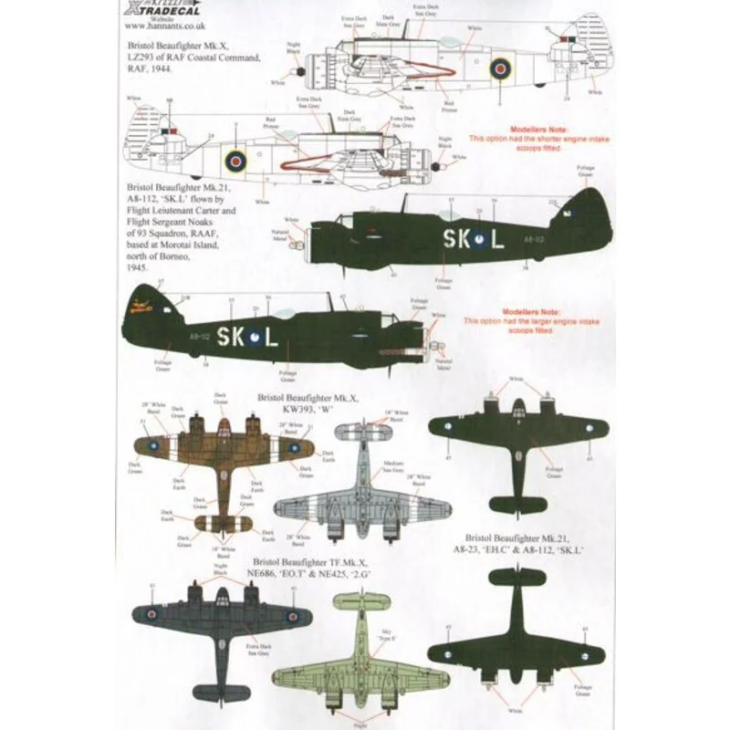 Décal Bristol Beaufighter Mk.XX72227 Bristol Beaufighter Mk.X, TF Mk.X, Mk.21, TT Mk.21 (10) Mk.X KW393 / W 27 Esc Birmanie 1945