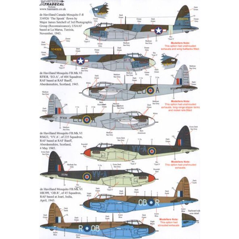 Décal de Havilland Mosquito T Mk.III, B Mk.IV, FB Mk.VI, B Mk.XX (13) Mosquito T.Mk.III TV970 FK-V20 Esc RA Wittering 1946 - T.3