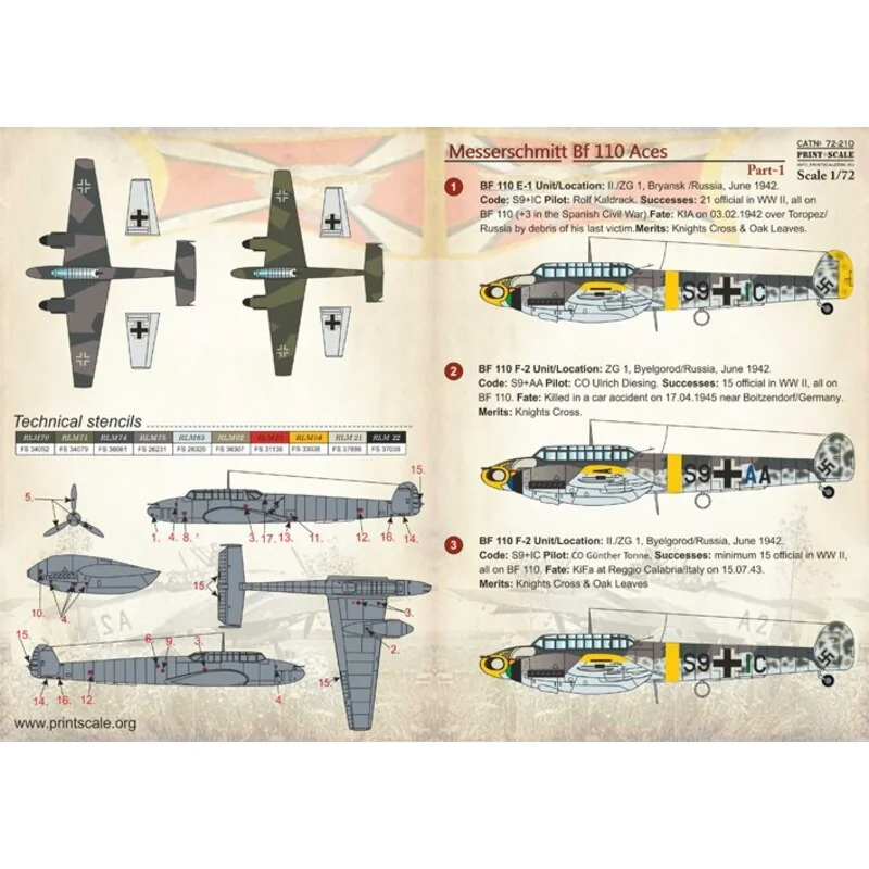 Décal Messerschmitt Bf 110 'Zerstorer' Aces partie 1