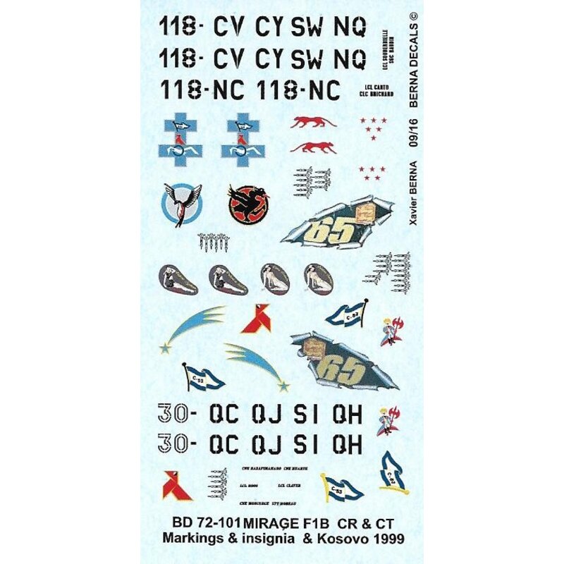 Décal Dassault Mirage F.1B, F.1CR & F.1CT: Add-on à la référence BER72026, BER72027, BER72047 et BER72048 avec différents marqua